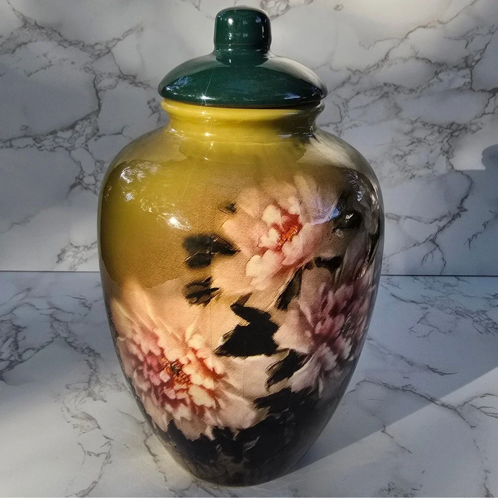 Vintage Peony  Large Floral Ceramic Ginger Jar Yellow Pink Vase Lid